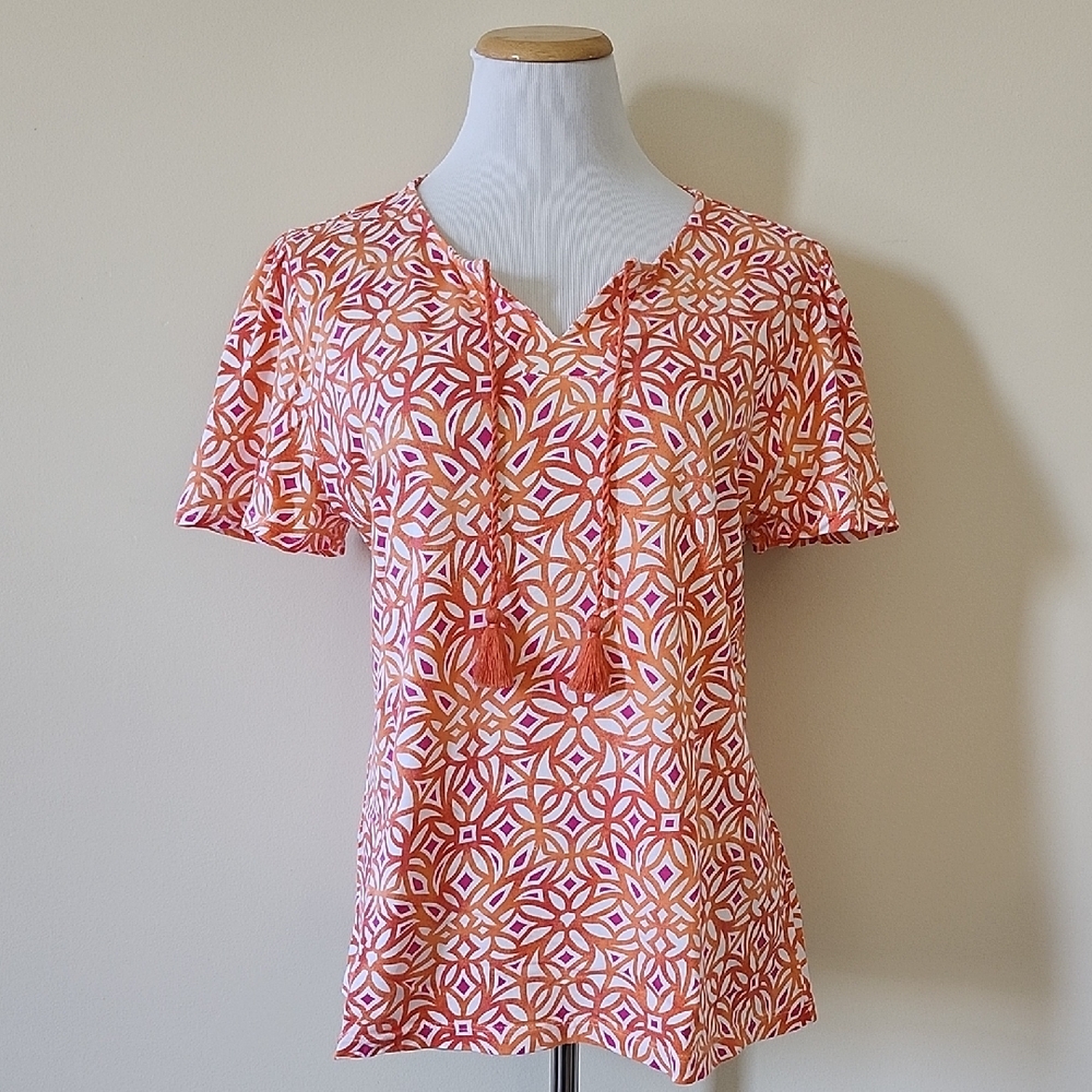 Chico's Colorful Geometric Print Top With Tassel Tie
